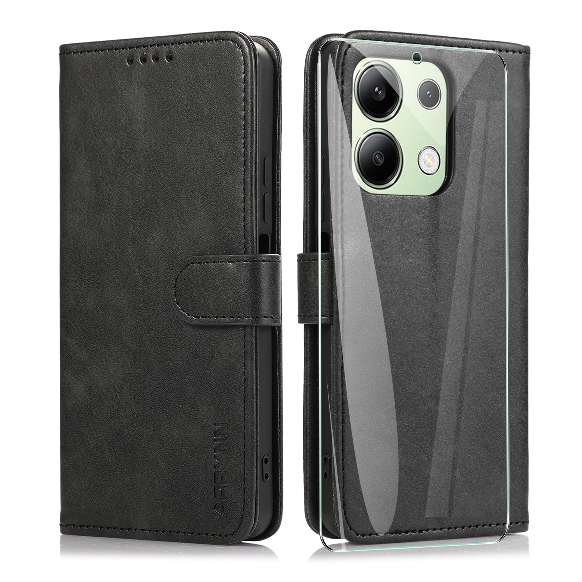 ARRYNN Case for Xiaomi Redmi Note 13 4G (6.67 Inches) + Protective Film, Mobile Phone Case for Xiaomi Redmi Note 13 4G, Flip PU Case Protective Cover Xiaomi Redmi Note 13 4G - Black