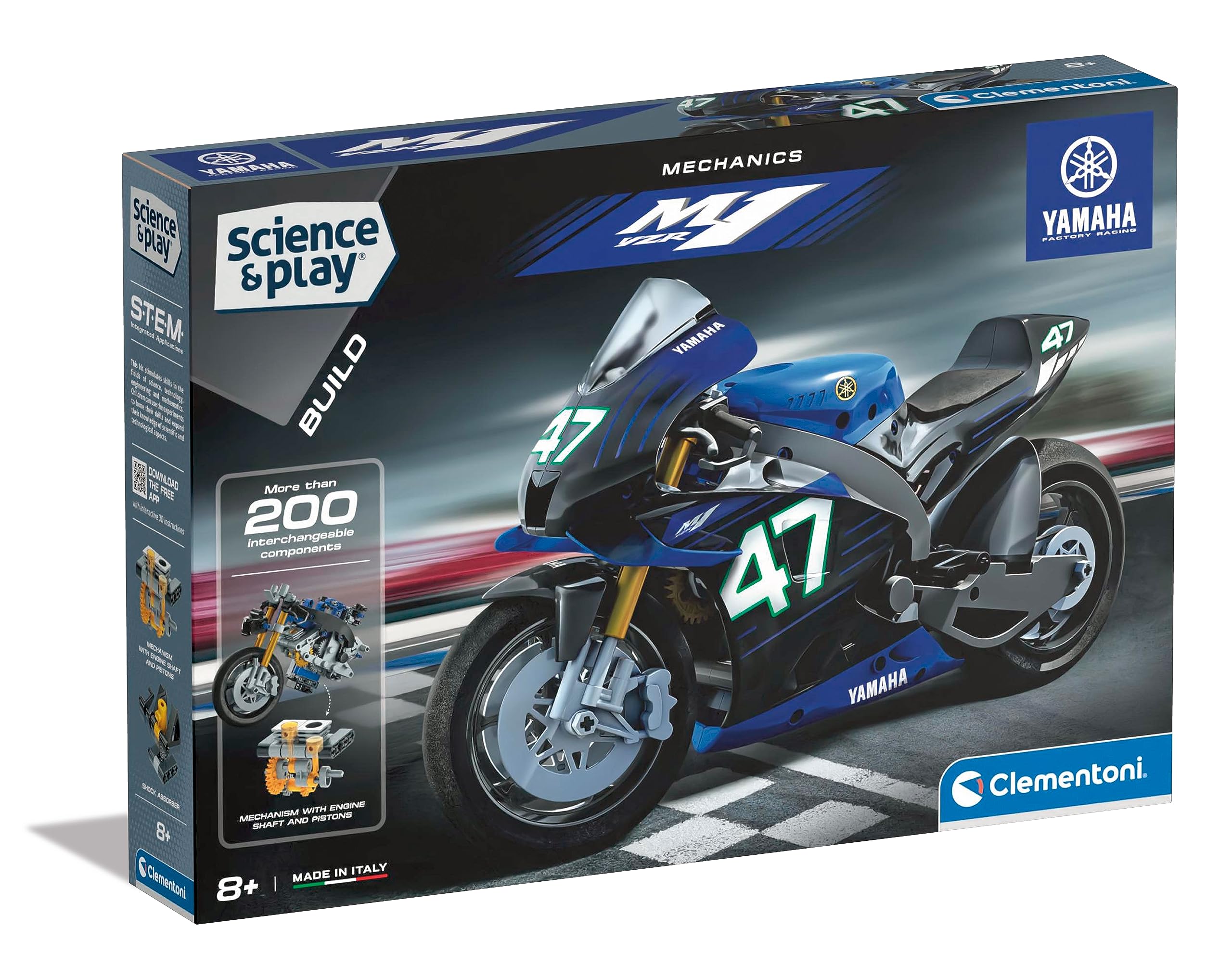 Clementoni- Science & Play Yamaha M1: Motorcycle Building Set with 3-Speed Gearbox & Suspension, Educational STEM Toy for Kids (8+ Years)