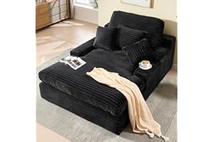Cudalw 75" Oversized Chaise Lounge Chair Indoor, Reading Chair Corduroy Chaise Couch Recliner, Upholstered Boneless Comfy Sleeper Sofa Bed with Throw Pillows and Armrests for Living Room, Black