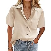 HOTOUCH Cotton Linen Button Down Shirt for Women V Neck Collared Blouse Casual Short Sleeve Tops with Pocket