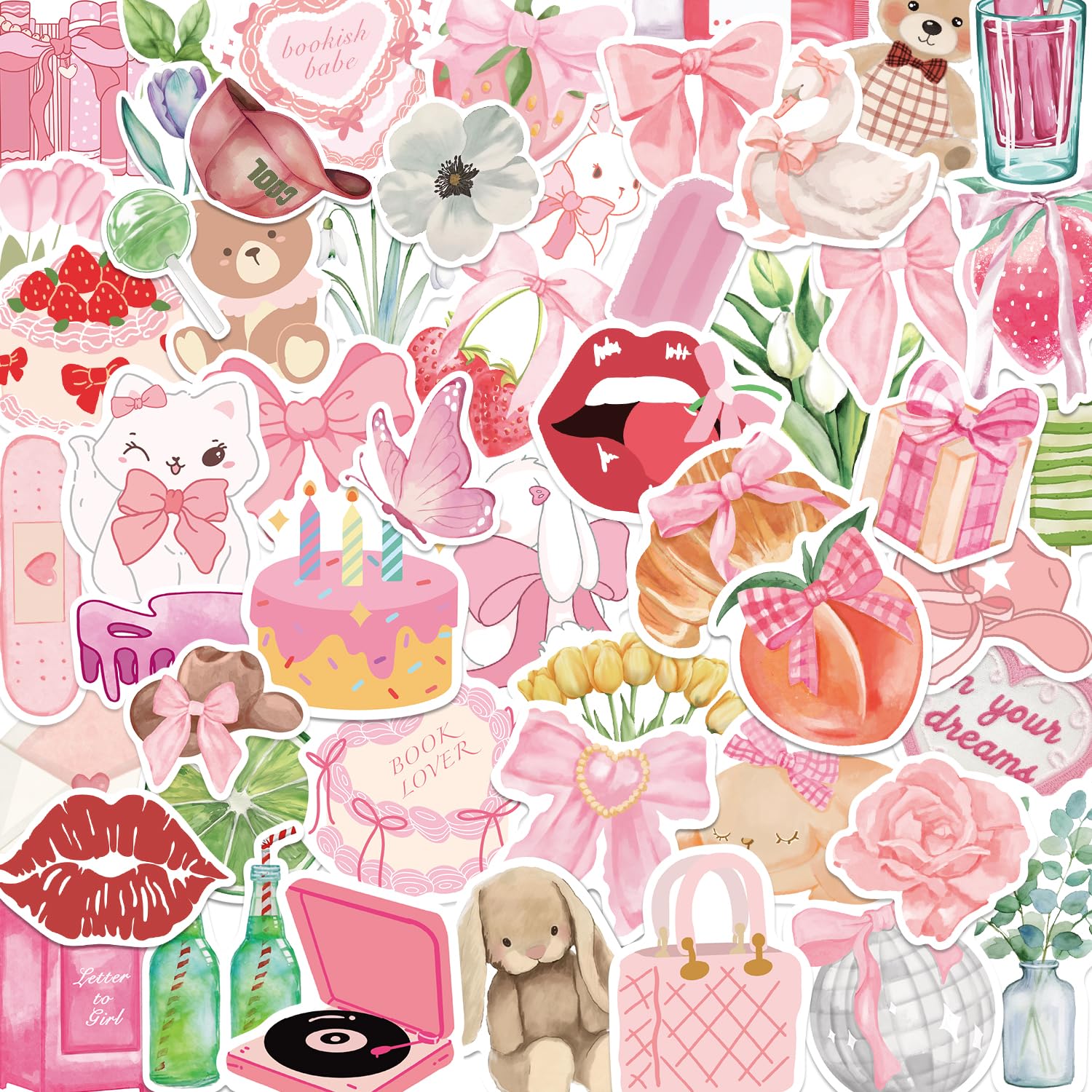 100pcs Pink Coquette Stickers Sage Green Aesthetic Sticker Bow Girly Stickers for Girl Pink and Sage Green Party Favors Vinyl Waterproof Sticker