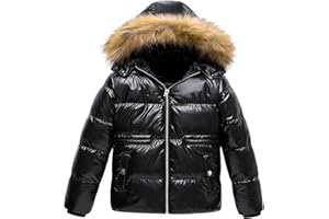 CREATMO US Girl's Kids Metallic Shiny Jacket with Detachable Fur Collar Warmth Winter Outerwear