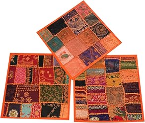 Mogul Interior Set of 3 Boho Decorative Indian Throw Pillow Cases Cotton Orange Embroidered Patchwork Cushion Cover 16" x 16"