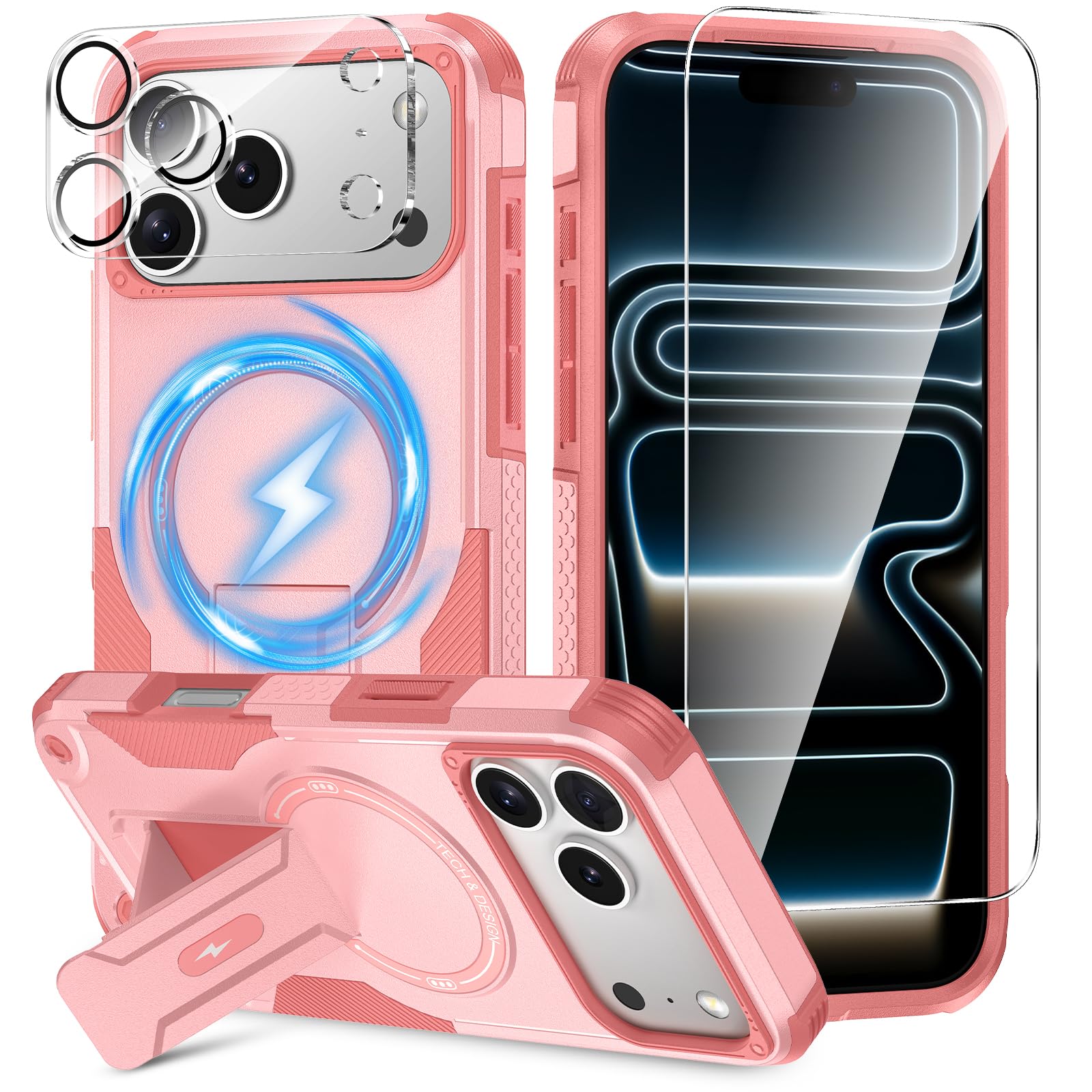 Photo 1 of 3 in 1 for iPhone 17 Pro Case [Compatible with MagSafe] [Invisible Kickstand] [HD Screen Protector] [Camera Lens Protector], Protective Magnetic Phone Cover for iPhone 17 Pro (Pink)