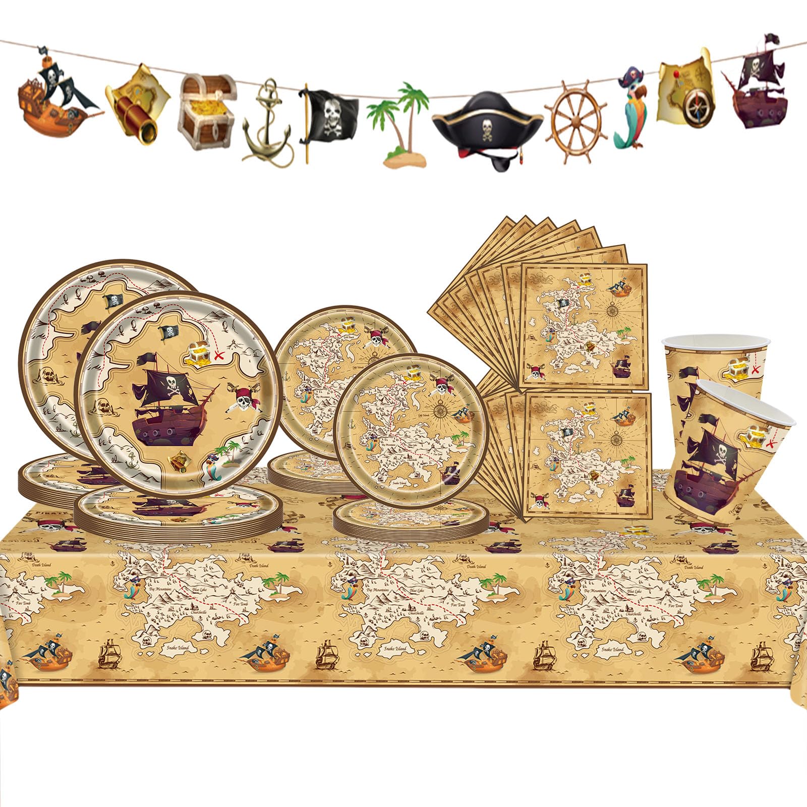 70Pc Pirate Party Tableware Set,Pirate Treasure Hunt Theme Banner with Pirate Napkins Paper Plates Cups and Pirates Game Tablecloth,Pirates Halloween Dinnerware Kit for Boy Girl Halloween Party Décor