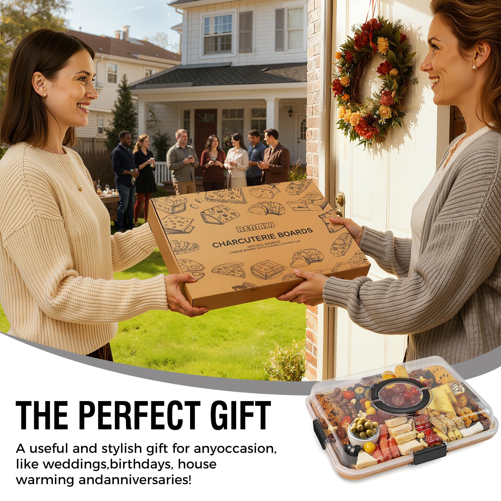 Renmxj Charcuterie Board with Clear Lid, Travel Portable Cheese Board Charcuterie Boxes Cutting Boards for Kitchen, House Warming Gifts New Home, Gifts for Women (6 Compartments Black)