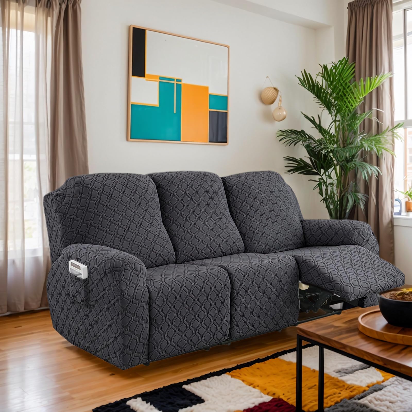 OKUYUK Recliner Chair Cover, 8-Pieces Stretch Recliner Covers for Recliner Chair Soft Reclining Chair Slipcover Furniture Protector for Dogs Cats (Dark Gray, 3 Seater)