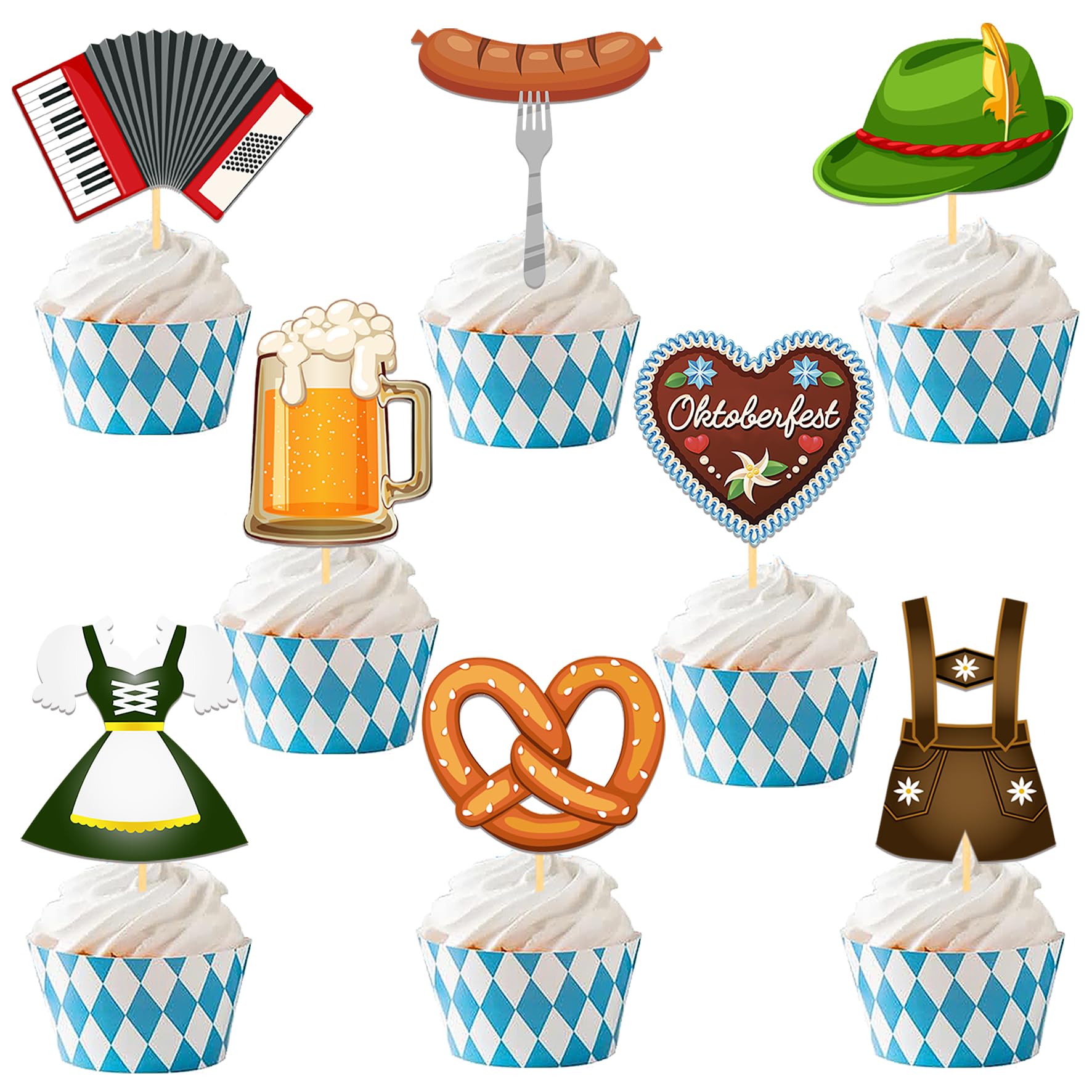 Photo 1 of 24Pcs Oktoberfest Cupcake Toppers, Beer Day Cake Topper, Bavarian Festival Cake Picks for Beer Theme Party Supplies, Oktoberfest Party Decorations (Oktoberfest B)
