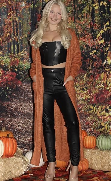 WOMENS CARDIGAN SWEATERS LONG SLEEVE LONG KNIT CARDIGAN LIGHTWEIGHT CHUNKY OPEN MAXI CARDIGAN SWEATER WITH POCKETS PUMPKIN M