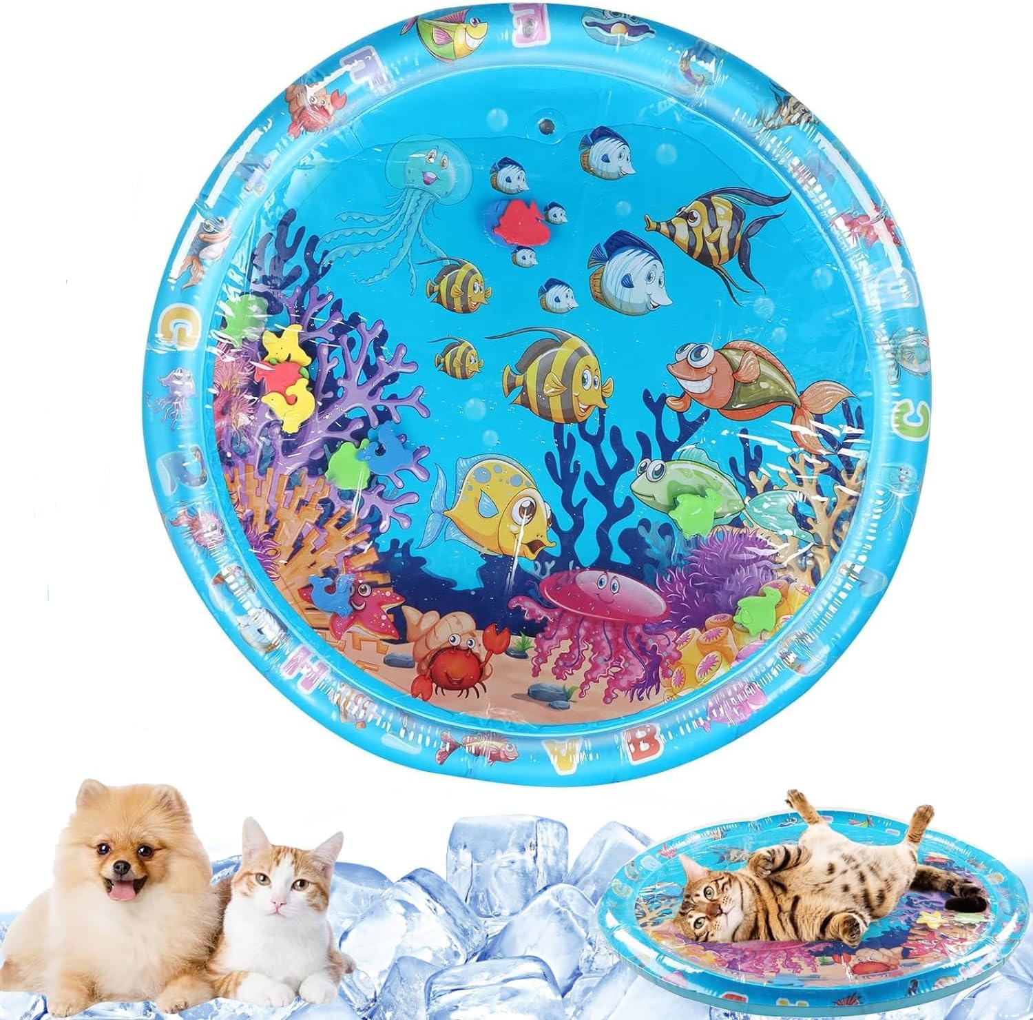Photo 1 of Cat Water Mats, CatCooling Pad, Cat Water Bed PlayMat, 2025 New Thickened Water Sensory Play Mat for Cats Dog, Ocean-Themed Round Sensory, Non-Slip Playmat, Floating Fish for Kitten Cats(39.4x39.4 in)