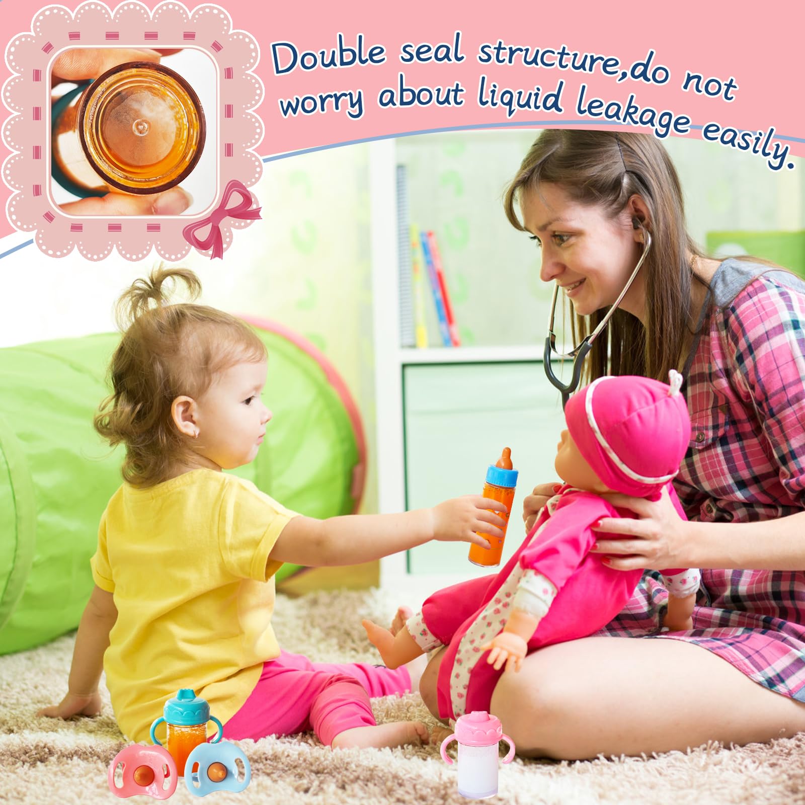 13 Pcs Baby Doll Accessories Magic Bottle Set,Pretend Play Feeding Toy Set with Package,Doll Feeding Set for Kids Girls,Magic Disappearing Juice Milk Bottles,Sippy Cups,Pacifiers,Bowl Spoons