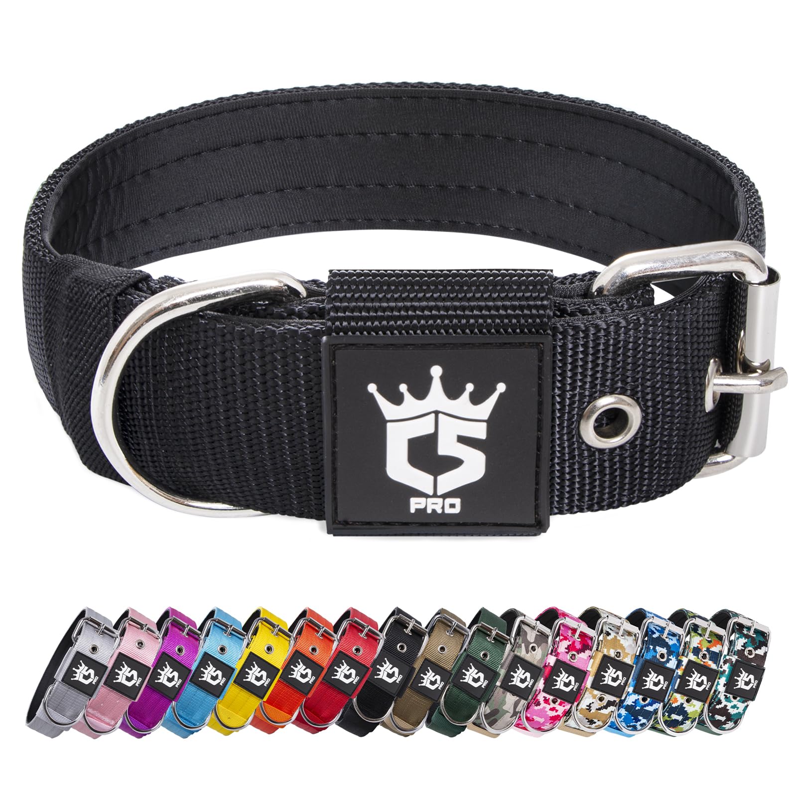 TSPRO Heavy Duty Tactical Dog Collar 1.5" Wide, Padded Dog Collar with Metal Buckle, Adjustable for Walking Training Outdoor for Medium Large Dogs (Black, M) — image 1