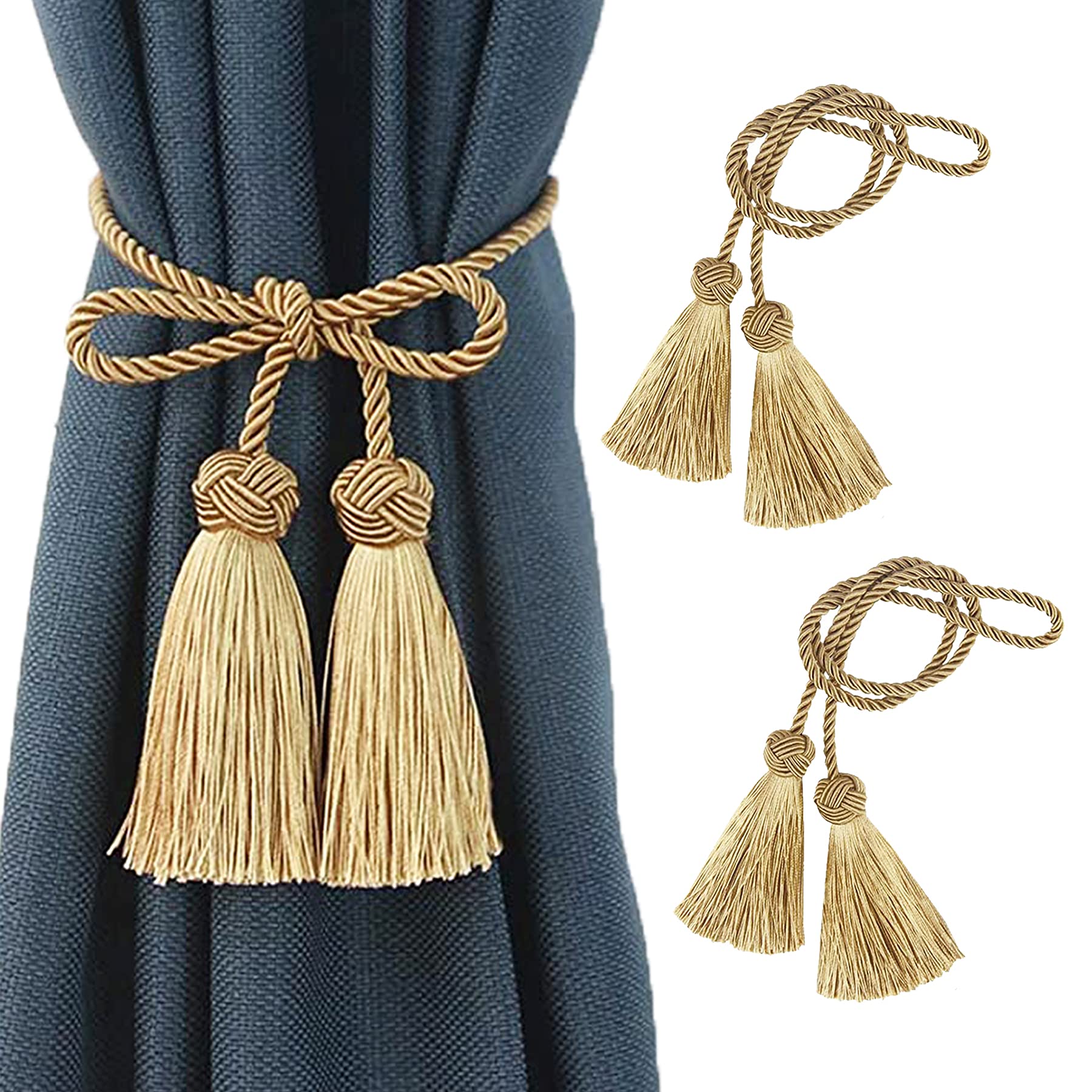 Curtain Tiebacks Curtain Tie Backs Rope Tassel Curtain Holdbacks Silver Gold Curtain Ties for Drape One Pair (Gold)