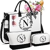 Personalized Gifts for Women, Initial Canvas Tote Bag & Makeup Bag Monogrammed Beach Tote Bags for Women w/Zipper, Valentines Day Birthday Gifts for Her Wife Girlfriend Mom Sister Best Friend Teacher
