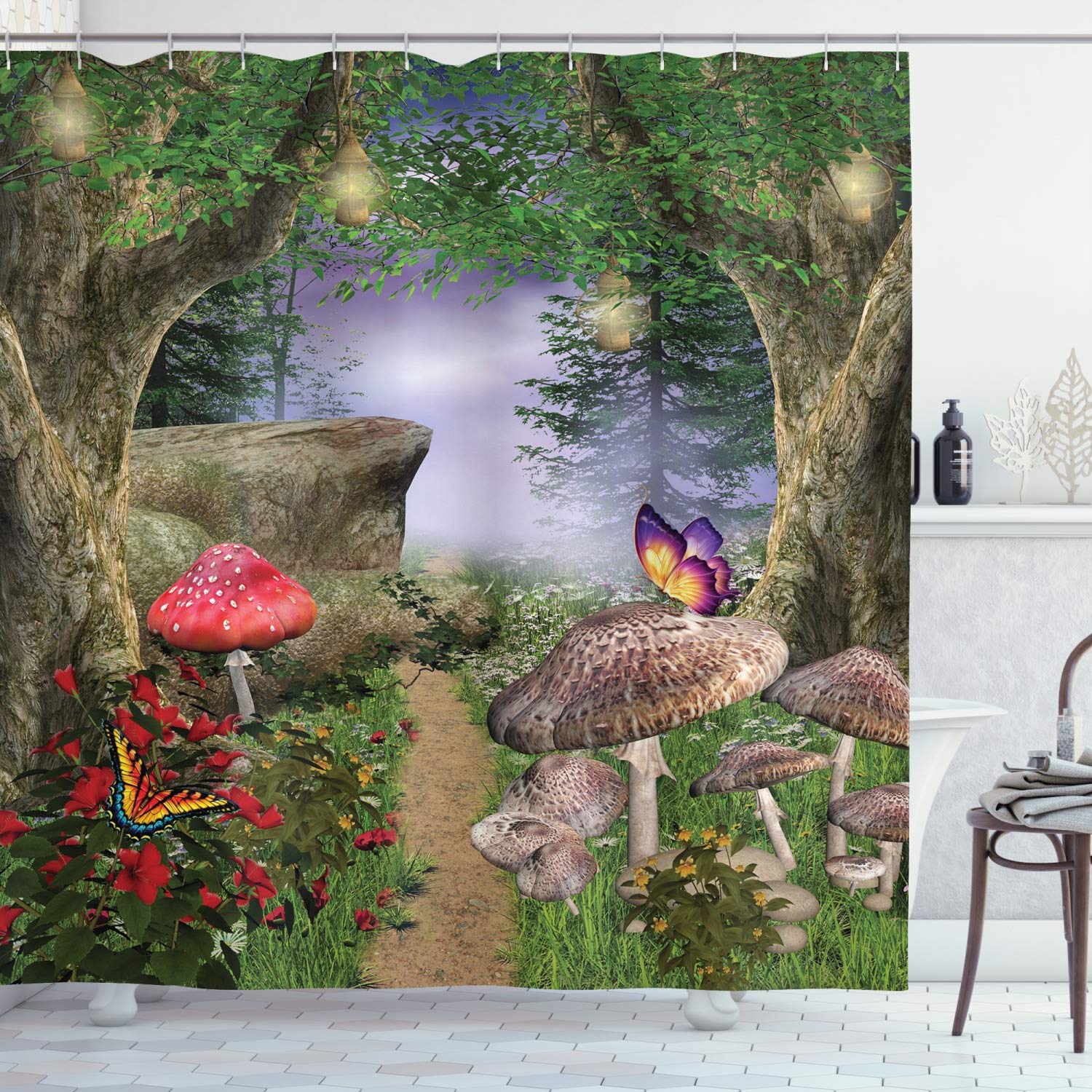 ABAKUHAUS Mushroom Shower Curtain, Enchanted Nature Pathway Butterflies Fairytale Landscape Rocks, Cloth Fabric Bathroom Decor Set with Hooks, 94 Inches, Tan Green Red — image 1