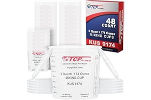 Custom Shop Paint Mixing Cups, 5-Quart (48 Pack) - Plastic Measuring Cups for Liquids, Automotive Painting, Epoxy Resin, Acrylic Arts, Crafts, Disposable or Reusable, Graduated, Mixing Ratios