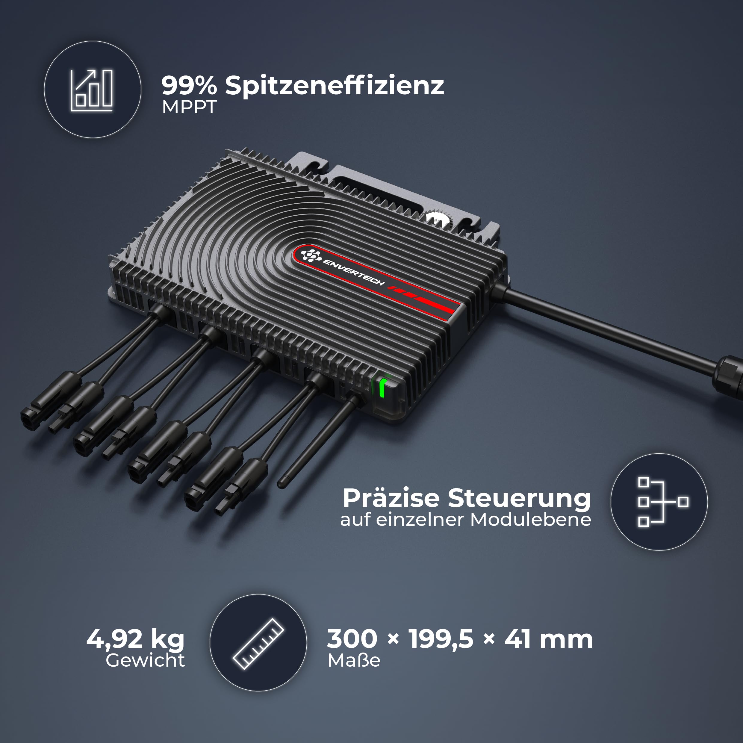 Solarway All In One Envertech Mikro-Wechselrichter 2000W Set inkl. 5M AC-Kabel & 8x2M DC-Kabel - für Balkonkraftwerk 800W-2000W für 4 PV Module - Black CASE - App & WiFi & Bluetooth (EVT-2000-SE) 2