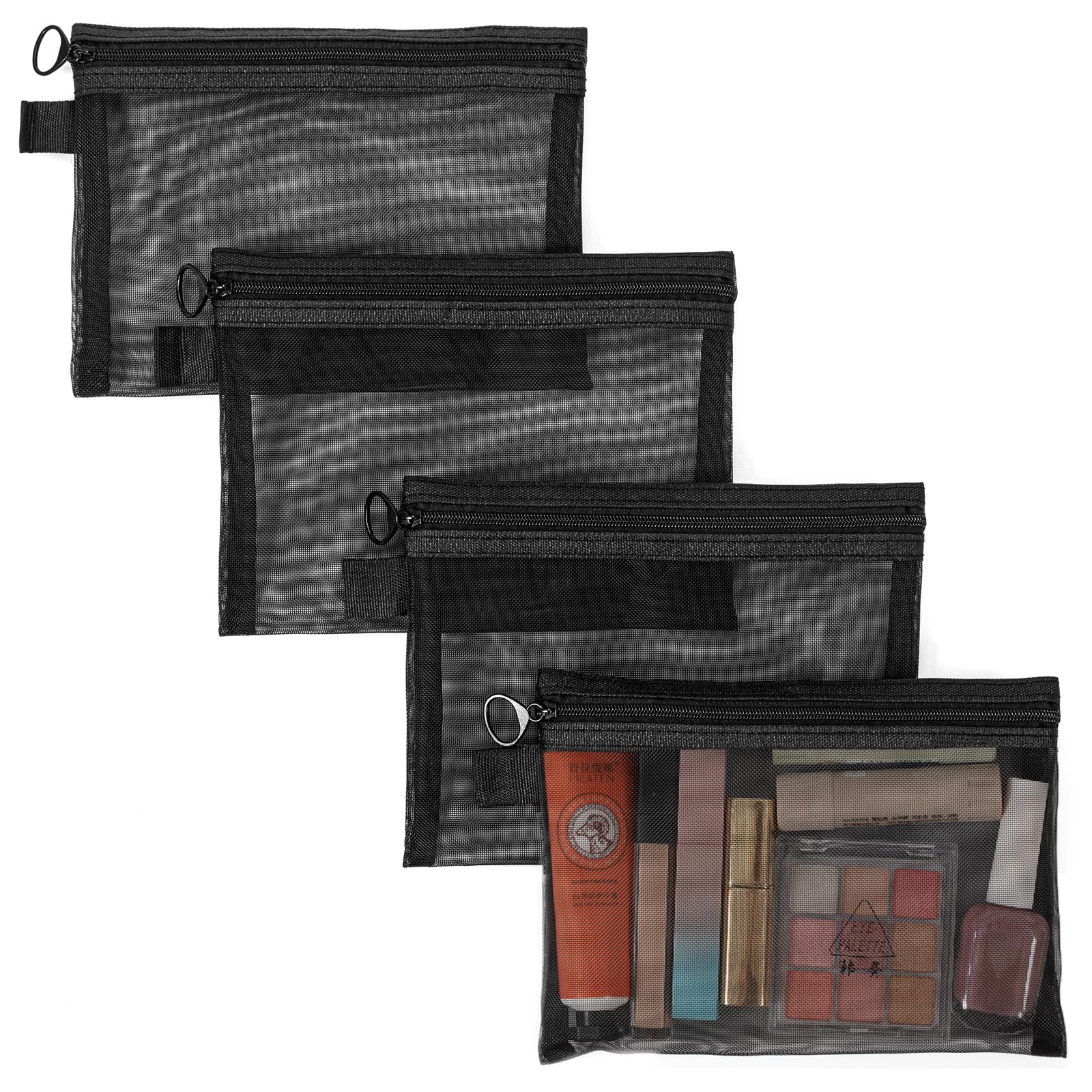 Vinuwu 4Pcs Small Make Up Bag, Mesh Makeup Bags for Handbag, Cosmetic Pouch with Zipper, See Through Bag Organiser Pouches for Toiletries, Holiday Travel Essentials for Women Men (Black)