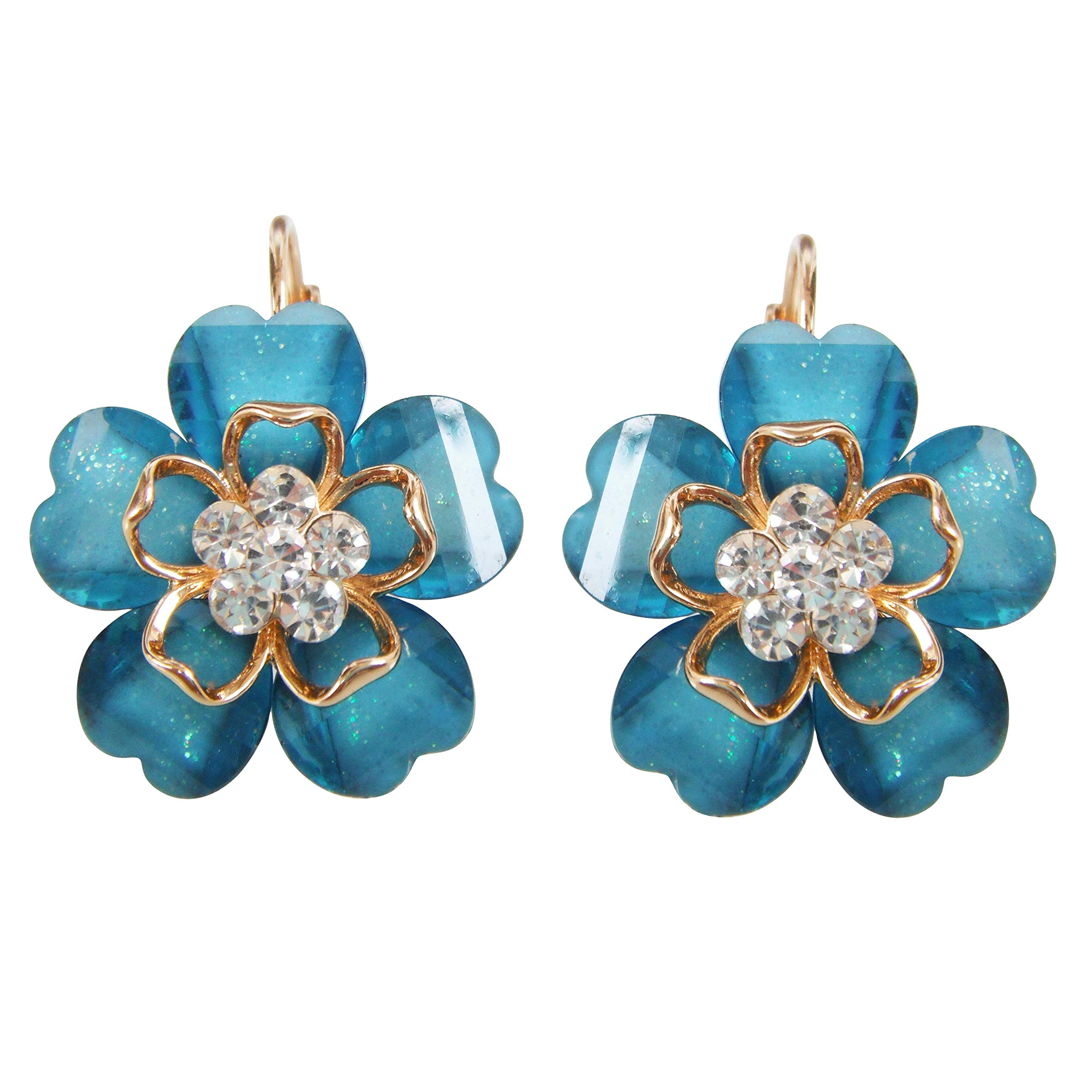 Navachi 18k Gold Plated Flower Blue Acatate Crystal Hoop Az2529e leverback Earrings