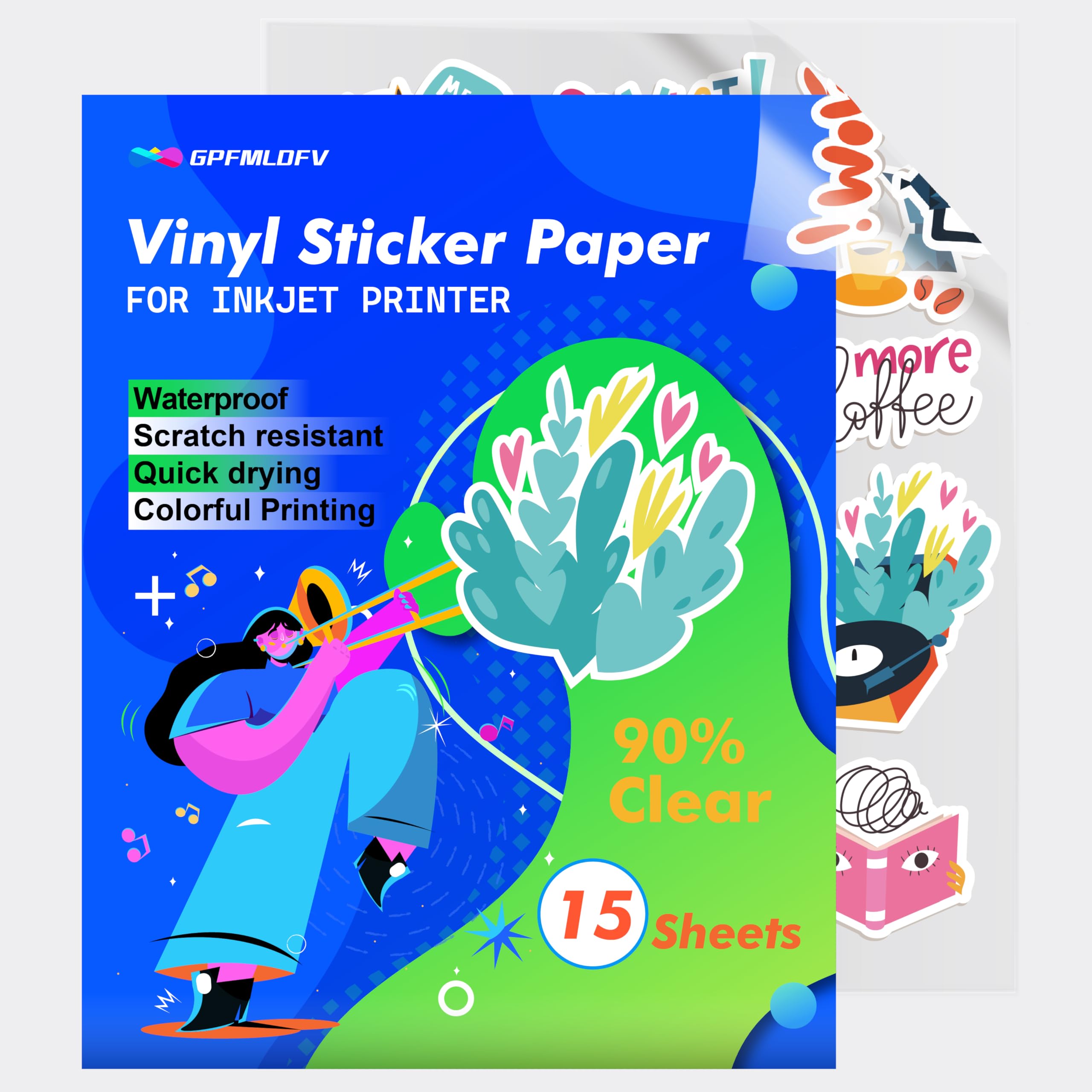 Clear sticker Paper for Inkjet Printer - 15 Sheets (8.5" x 11") Translucent Waterproof Printable Vinyl for DIY Personalized Stickers Holds Ink Beautifully & Dries Quickly