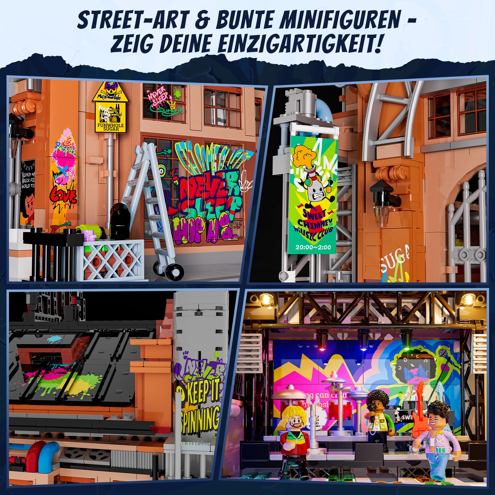 Funwhole Fabrikhaus-der-Musik Beleuchtung Klemmbausteine Haus, City Straßenfusion Modular Building, 2654 Pcs, Spielzeug-Geschenk für Musikliebhaber & Street-Culture-Fans, F9068 4