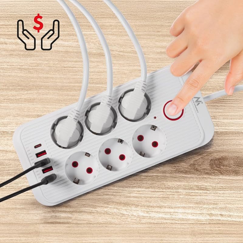 Regleta MCE389/391 | 6 Conectores 4xUSB 1xUSB-C 2500W | Cable de extensión de Escritorio con Interruptor | Puertos 45° | Montado en la Pared (Blanco, 1,5 m)