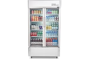 PremiumLevella PRN165DX Glass Door Display Refrigerator 16 cu ft Commercial Beverage Cooler Merchandiser With Customizable Lightbox - Silver