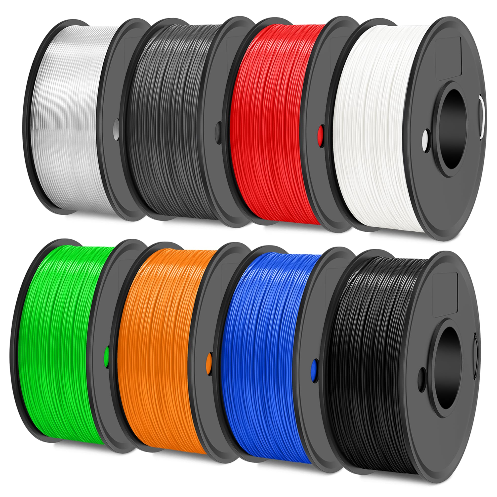 Photo 1 of SUNLU TPU 3D Printer Filament 1.75mm, High Speed 95A TPU Filament Bundle, Flexible 3D Filament for Fast Printing, 250G Spool, 8 Rolls, 2KG in Total, Black+White+Grey+Red+Transparent+Blue+Green+Orange