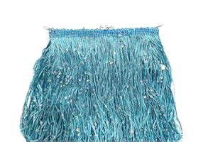 SEW TRENDS 2 Yards of 8" Long Starlight Silver Rainbow Sequins Chainette Fringe Yarn Thread Tassel Trim-Light Turquoise Lake Blue