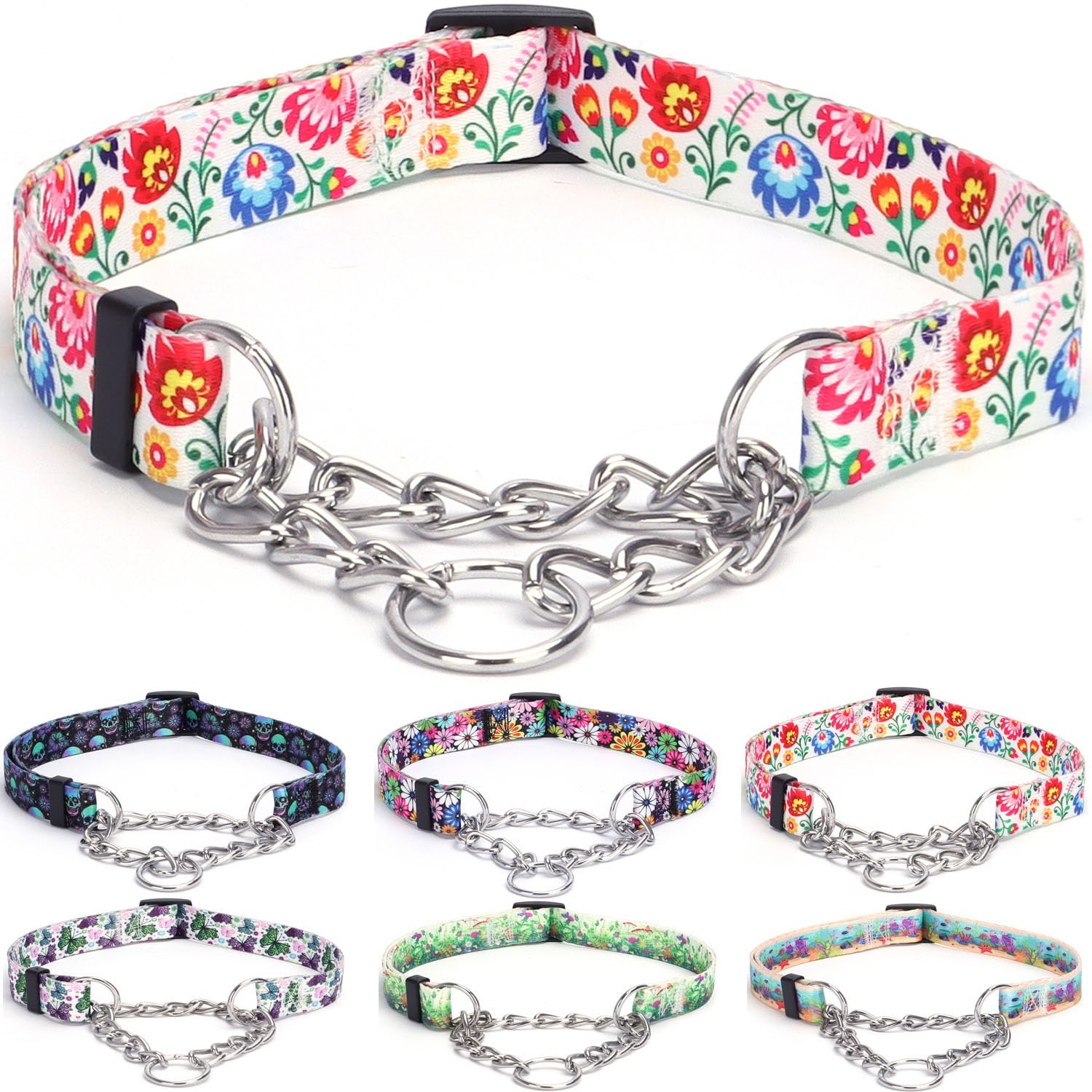 haoyueer Martingale Dog Collar - Stainless Steel Chain, No Pull Training Collar with Flower Design for Large Medium Small Dogs (XL, White)