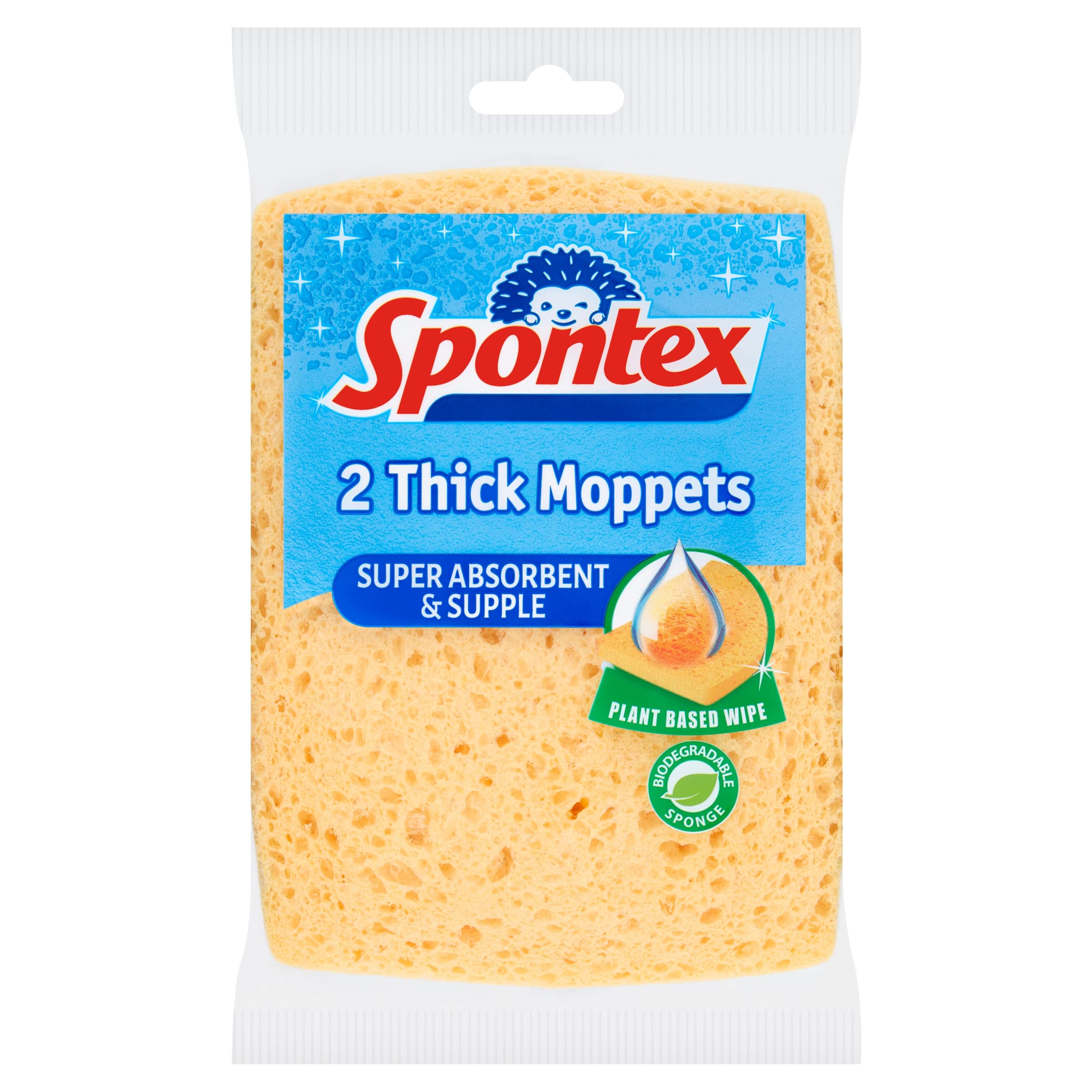 Spontex 2 Thick Sponge Moppets | 16 x 12cm | Super Absorbent & Supple Plant-Based Cleaning Sponges