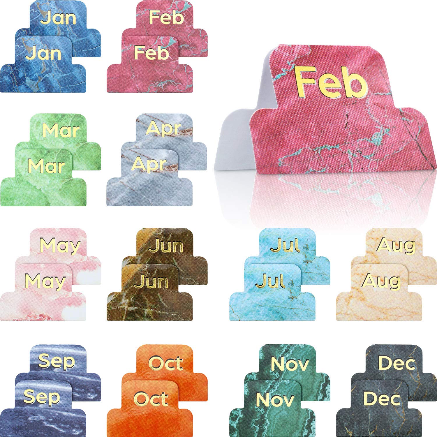 Photo 1 of 24 Pieces Adhesive Monthly Planner Tabs Designer Accessories Monthly Plan Stickers Decorative Calendar Adhesive Index Colorful Neutral Metallic Marble Pattern for Office Study Planners Organizations