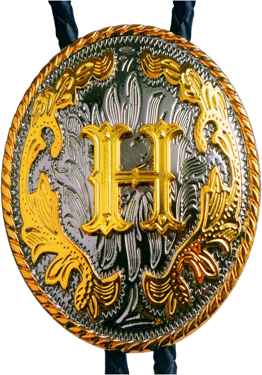 Golden Western Bolo Tie Initial Letter A to Z in Round Flower Cowboy with Cowhide Rope Necktie