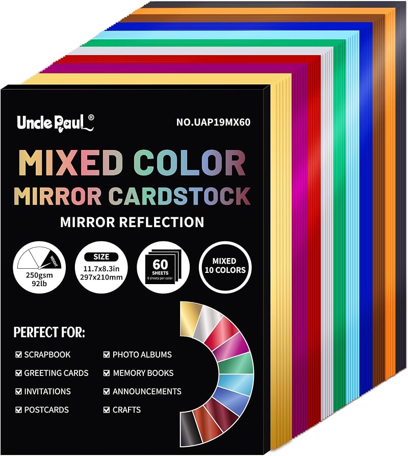 Uncle Paul A4 Mixed Color Mirror Cardstock 60 Sheets 250gsm 10 Colors