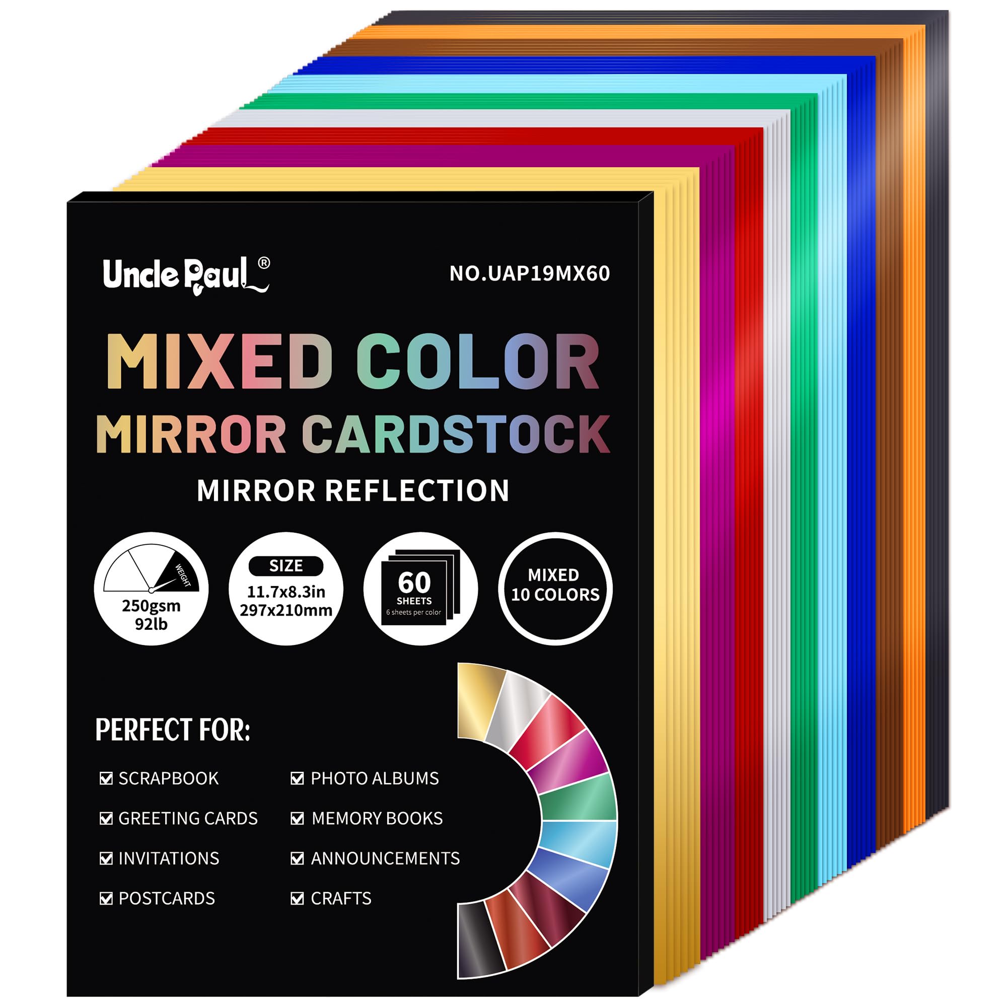 A4 Mixed Color Mirror Cardstock Paper, 60 Sheets 10 Colors 250gsm/92Ib Metallic Reflective Paper for Crafts DIY Projects Card Making Party Decoration UAP19MX60