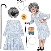AOTHSO 13 Pieces Old Lady Costume for Kids 100 Days of School Costume with Grey Wig Glasses Cane Necklace for Granny Dress Up