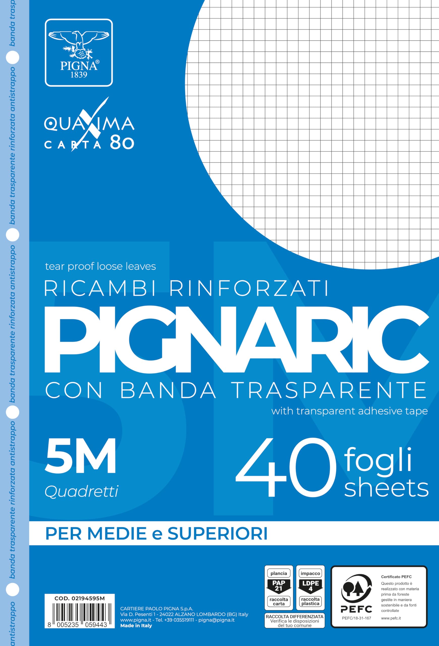 Pigna 02194595M Spares Reinforced with transparent band, 5M Lining, 5mm squares for medium and higher, 80g / sqm paper, pack of 40 sheets