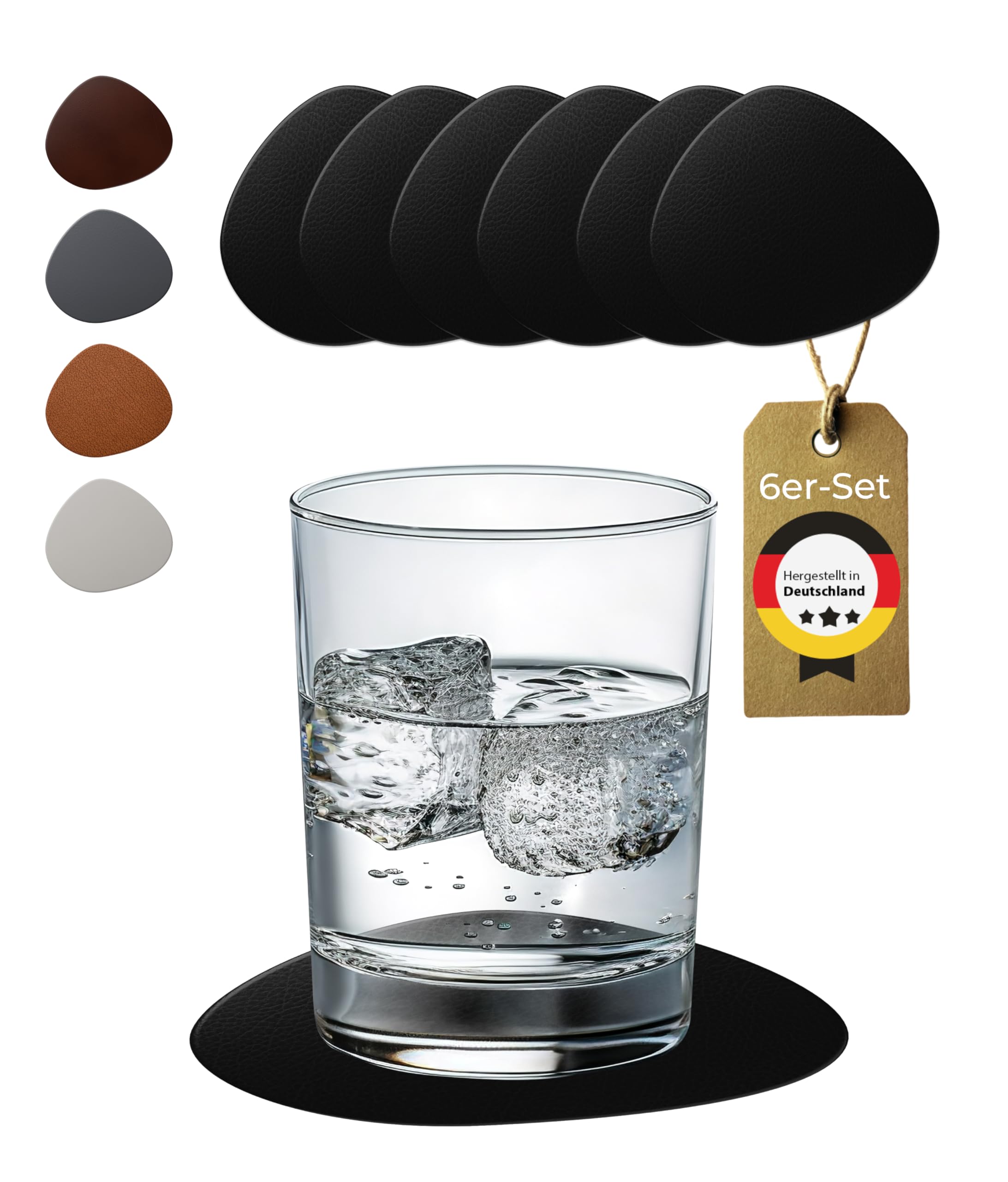 Glass Coasters Modern Oval Set of 6 Leather (Bonded Leather) Coaster Drinks Coasters – Colour: Black, 11.5 cm, Wipe-Clean Made in Germany (Black)