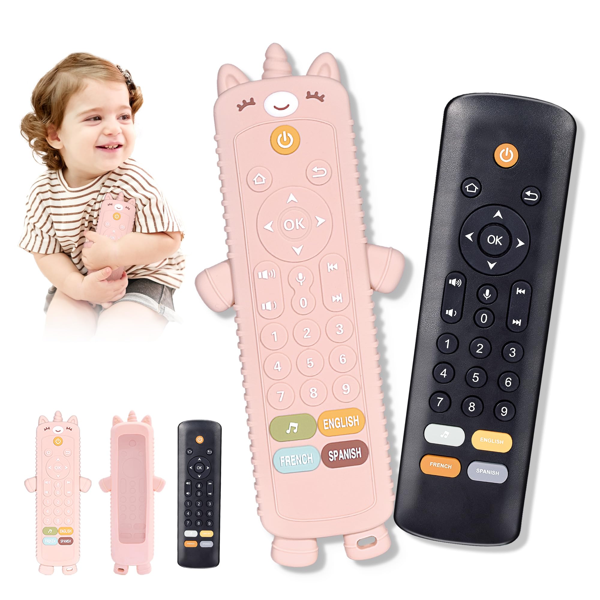 Baby Remote Control Toy with Silicone Teether Cover - Baby Musical Toys, Early Number Learning in 3 Languages (English, Spanish & French), Preschool Infant Girl Toys 6, 9, 12, 18 Month.