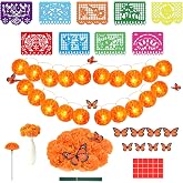Dia De Los Muertos Decorations 40PCS Day of The Dead Decor for Altar - Lighted Marigold Garland, Plastic Papel Picado Banner, Artificial Flowers, Monarch Butterfly for Halloween Mexican Ofrenda Party