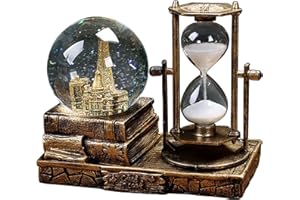 IDORTYBB LED Music Snow Globe with Hourglass Vintage Castle Paris Eiffel Tower Home Decoration for Living Room Bedroom Book Shelf TV Cabinet Desk Table Top Decor Centerpieces Ornaments (B - Brass)