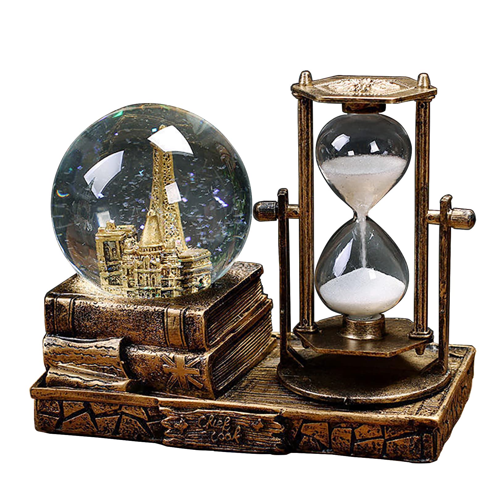 Photo 1 of LED Music Snow Globe with Hourglass Vintage Castle Paris Eiffel Tower Home Decoration for Living Room Bedroom Book Shelf TV Cabinet Desk Table Top Decor Centerpieces Ornaments (B - Brass)