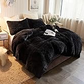 XeGe Plush Shaggy Duvet Cover Luxury Ultra Soft Crystal Velvet Bedding 1PC(1 Faux Fur Duvet Cover),Zipper Closure (Queen, Black)
