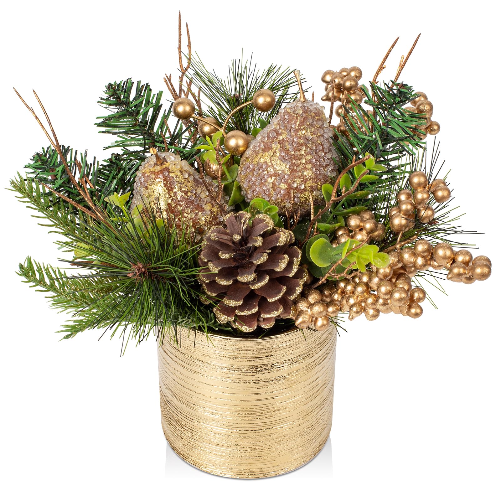 Oairse Small Christmas Tree 25cm Artificial Plant in Gold Ceramic Pots with Pears, Pine Cone, Berries, Mini Xmas Tree Ornaments Christmas Decorations for Home New Year Table Centerpieces