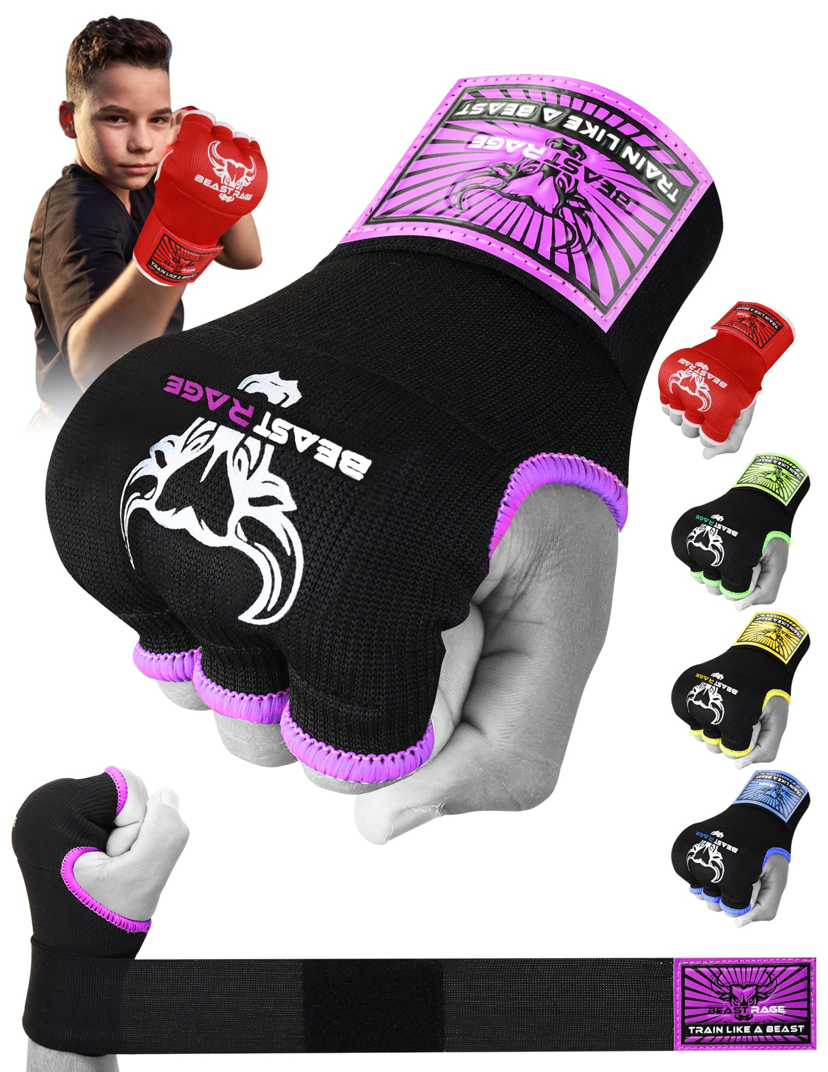 BEAST RAGE Boxing Wraps Hand Gel Gloves MMA 75cm Long Wrap Padded Elasticated Quick Boxing Punching Bag Training Muay Thai Hand Wraps set UFC Bandages For Mens Ladies kids (Kids Junior, Purple)