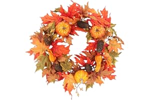 COLMOXY 20 Inch Fall Wreath for Front Door, Fall Decor Autumn Maple Leaves Pumpkin Pine Cone Berries Wreath, Fall Decorations for Harvest Thanksgiving Halloween Farmhouse Home Outside Window Wall