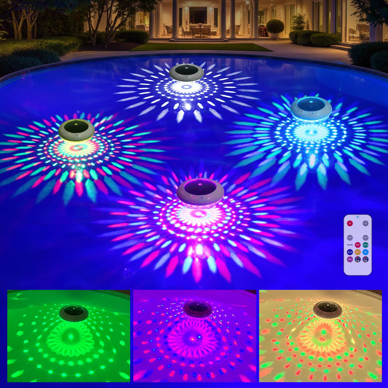 Photo 1 of Cootway Floating Pool Lights w/Remote, 6.5 Inch RGB Solar Pool Lights That Float with 9 Dynamic Lighting, IP68 Waterproof Pool Floating Light, Hangable Solar Floating Light for Pools Party Garden(4)