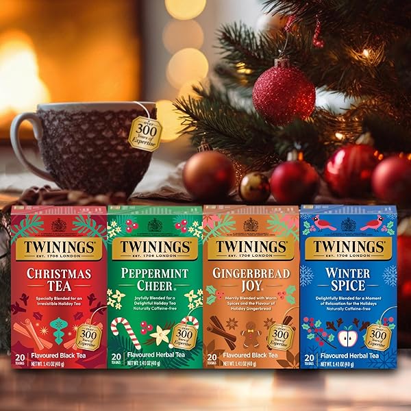 TWININGS PEPPERMINT CHEER HERBAL TEA INDIVIDUALLY WRAPPED BAGS, 20 COUNT (PACK OF 1), PEPPERMINT & VANILLA, NATURALLY CAFFEINE-FREE, ENJOY HOT OR ICED, 20 TEABAGS