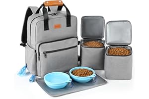 DELOMO Dog Travel Bag, 25L Airline Approved Dog Travel Backpack for Pet Travel Accessories with 2 Food Storage Containers, 2 Foldable Bowls for Short Trips, Grey
