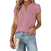 Blooming Jelly Women's Dressy Casual Tops Business Work Blouses White Button Down Shirts Cap Sleeve V Neck Tshirt